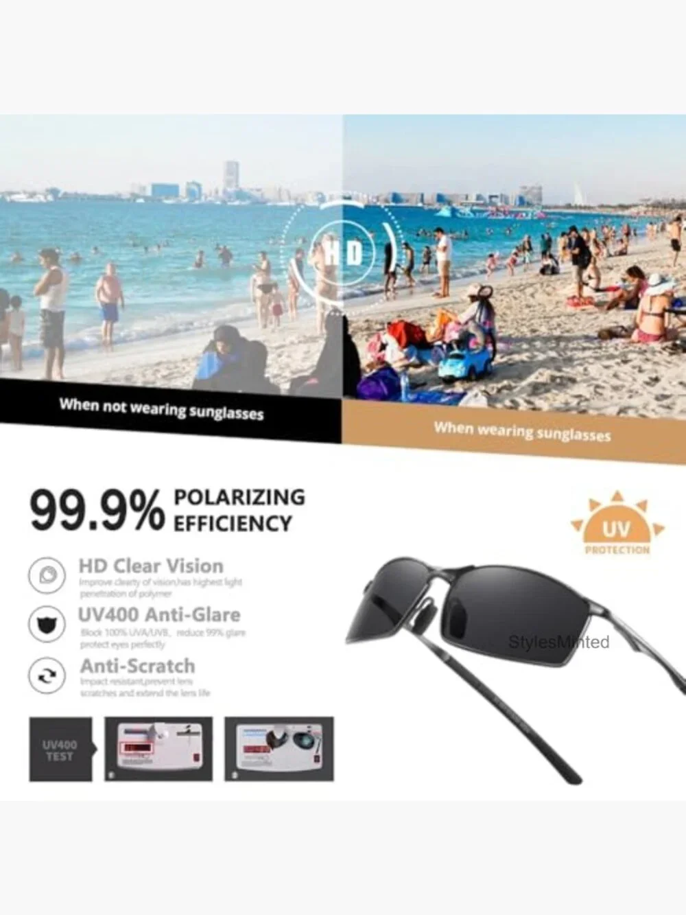 Men's Polarized Rectangular Sunglasses Ultra Lightweight Metal Frame Fishing